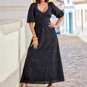 Boston Proper Eyelet Lace Maxi Dress Women’s Size 4 Covered Buttons Puff Sleeves